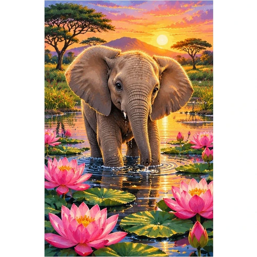 Baby Elephant Lotus Pond Diamond Painting Kit — original white-background artwork