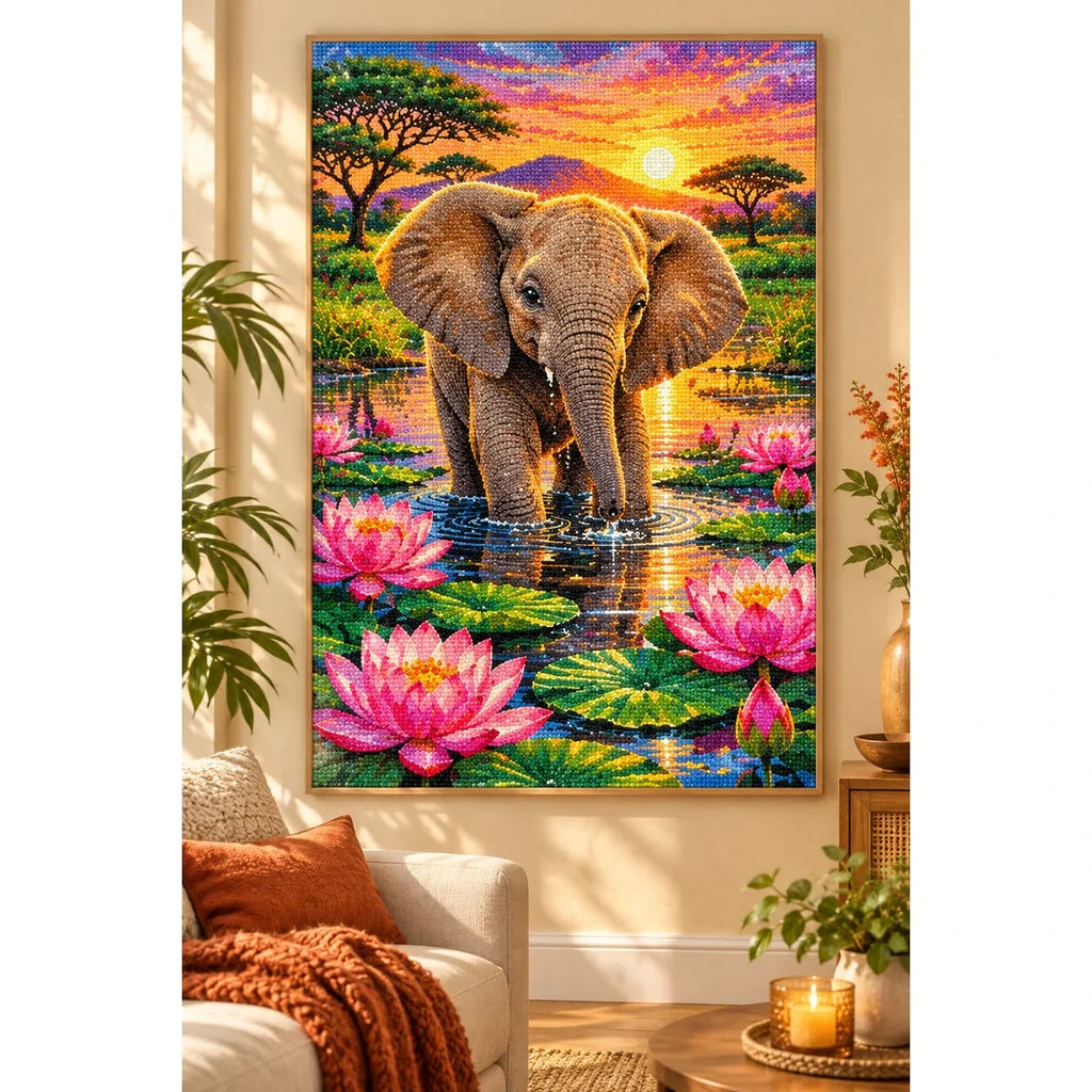 Baby Elephant Lotus Pond Diamond Painting Kit — finished diamond painting in a home setting