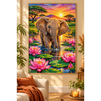 Baby Elephant Lotus Pond Diamond Painting Kit — finished diamond painting in a home setting