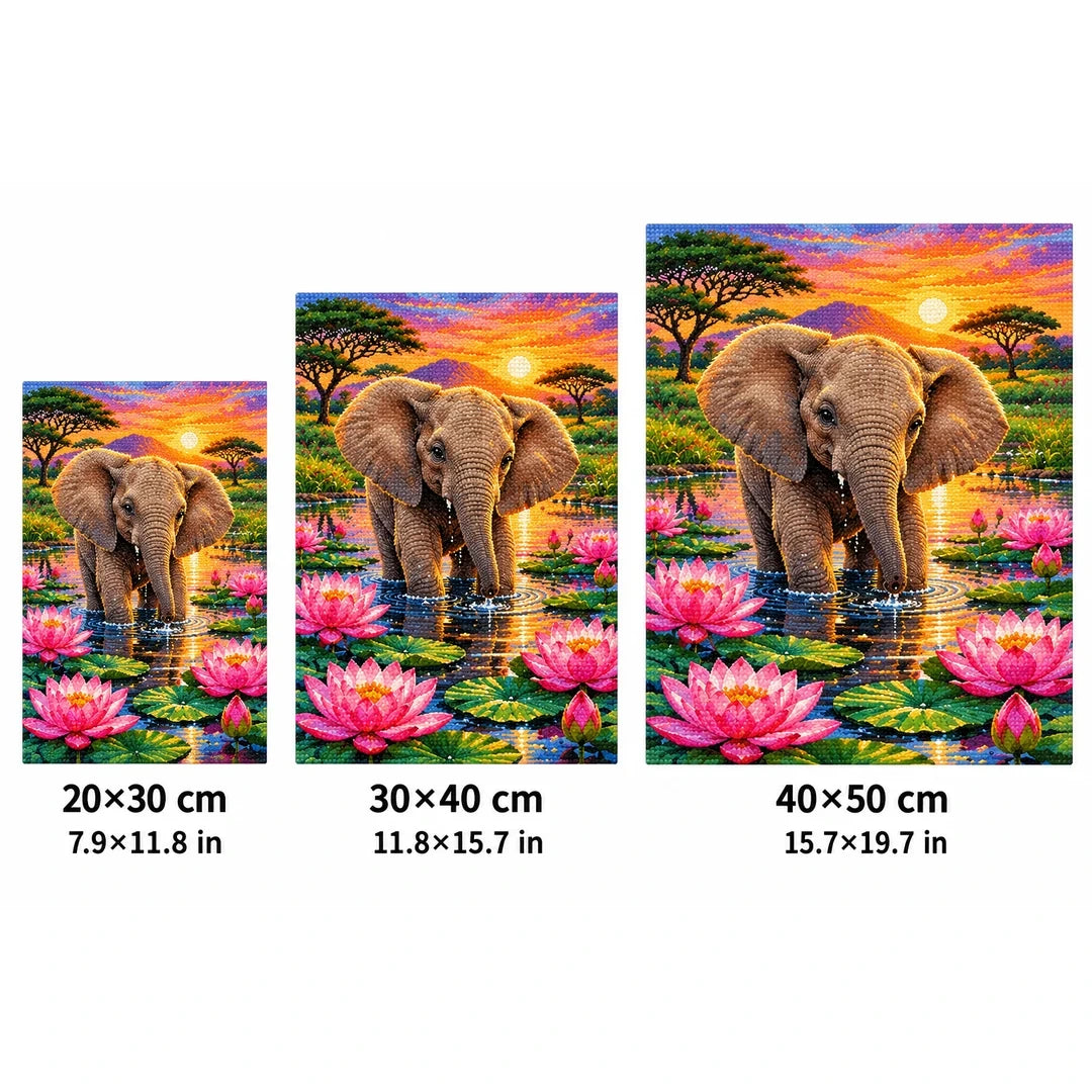 Baby Elephant Lotus Pond Diamond Painting Kit — 20 by 30, 30 by 40, and 40 by 50 centimeter size guide