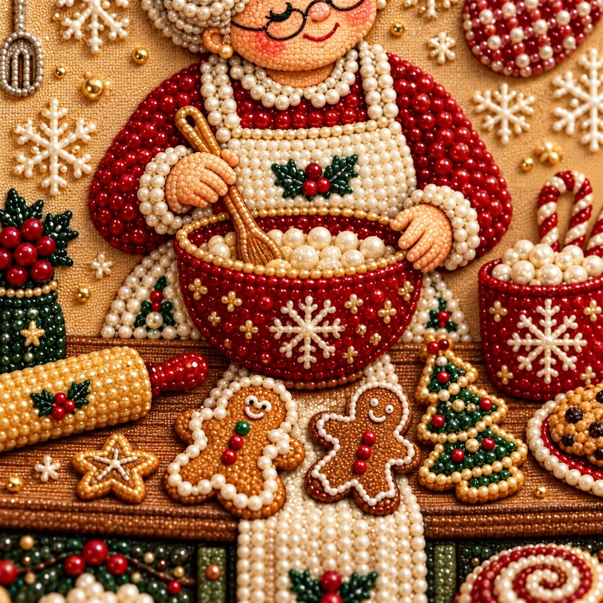 Grandma's Christmas kitchen pearl diamond painting — pearl texture close-up