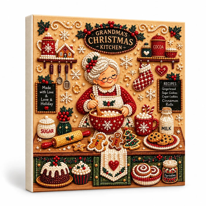 Grandma's Christmas kitchen pearl diamond painting — finished design on white background; illustrative DIY result