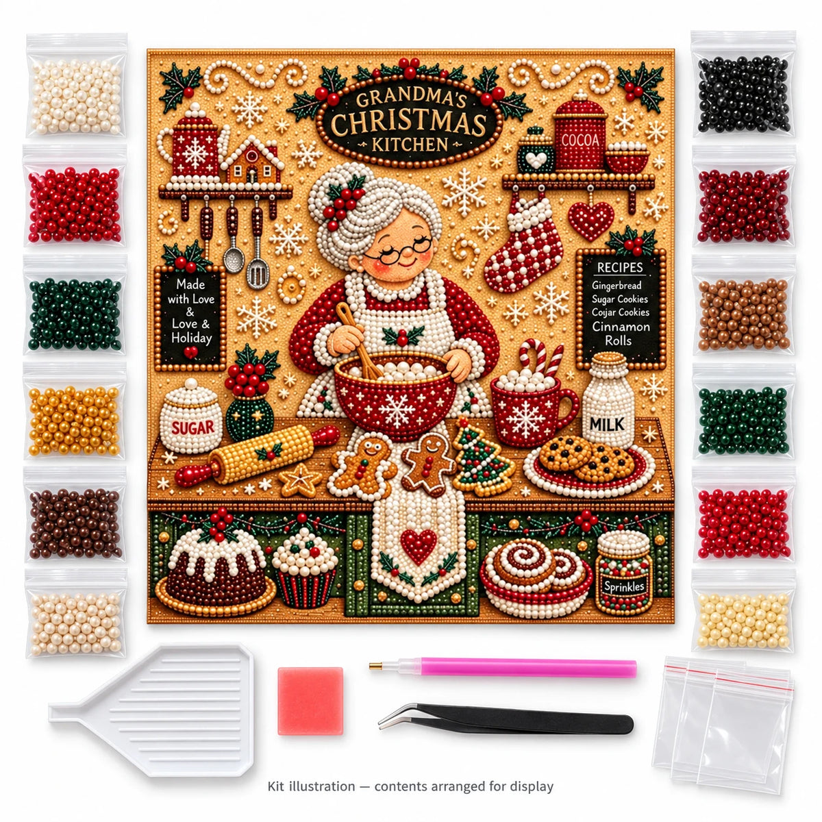 Grandma's Christmas kitchen pearl diamond painting — illustrated canvas, matching pearls and placement tools