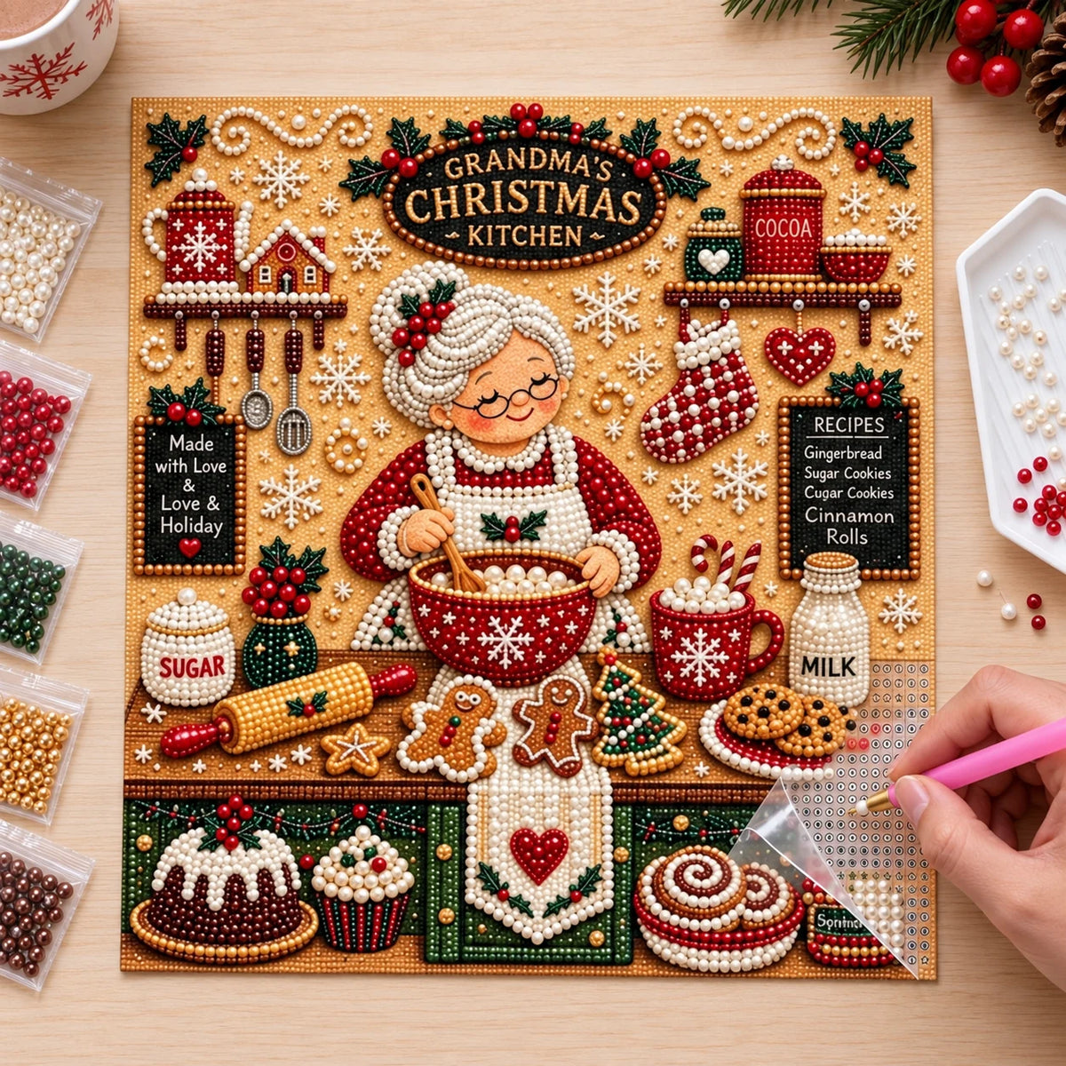 Grandma's Christmas kitchen pearl diamond painting — pearl placement process illustration