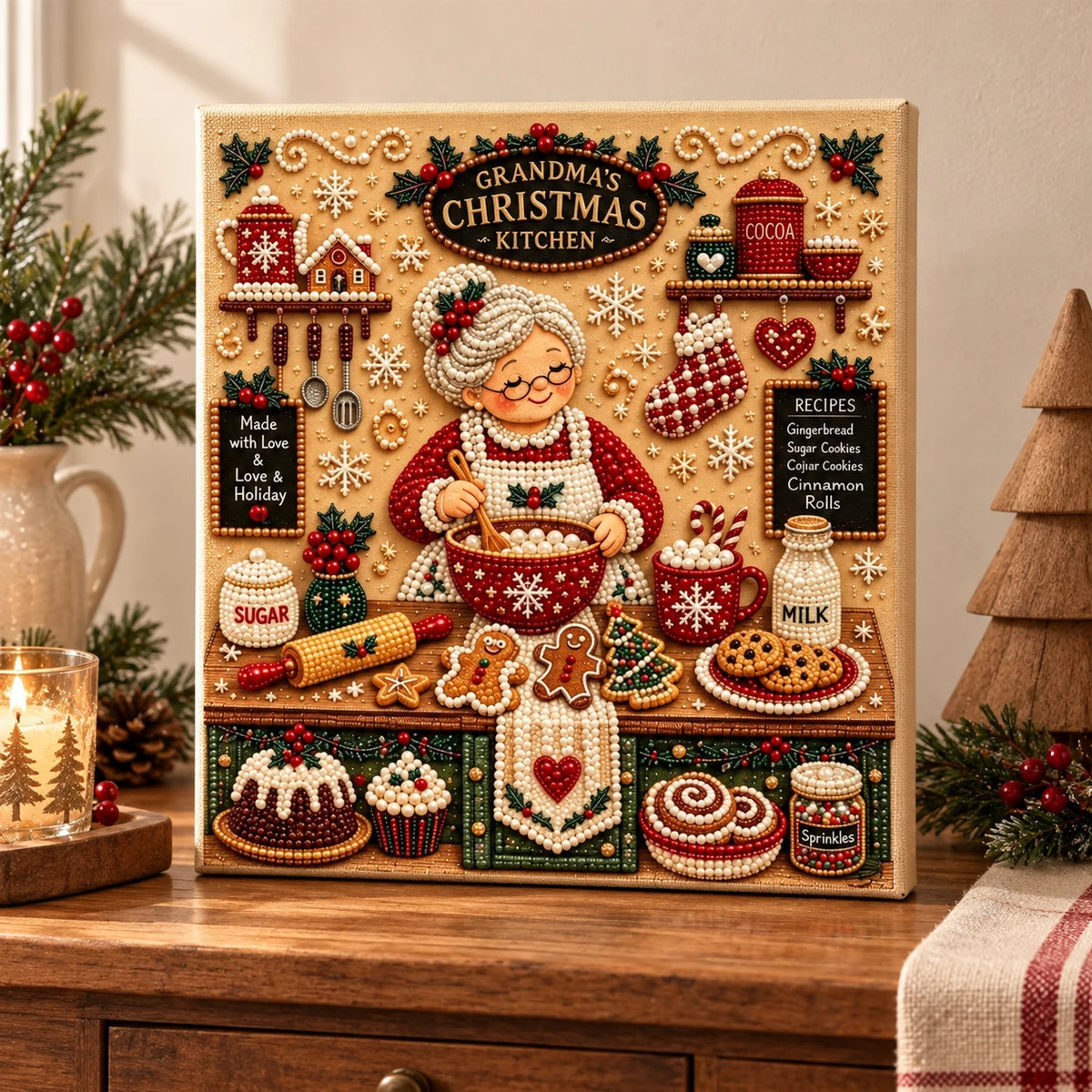 Grandma's Christmas kitchen pearl diamond painting — finished-art room display illustration; props excluded