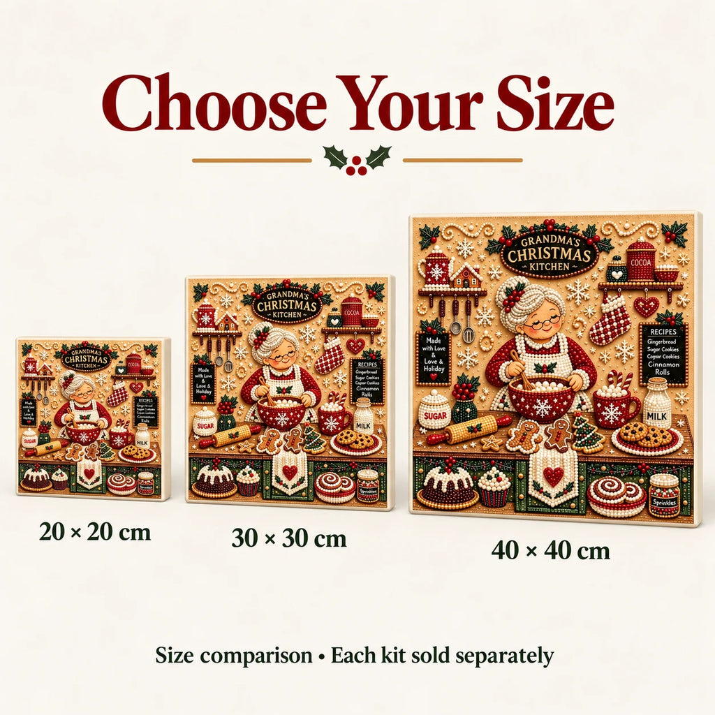 Grandma's Christmas kitchen pearl diamond painting — 20, 30 and 40 cm size comparison; each kit sold separately