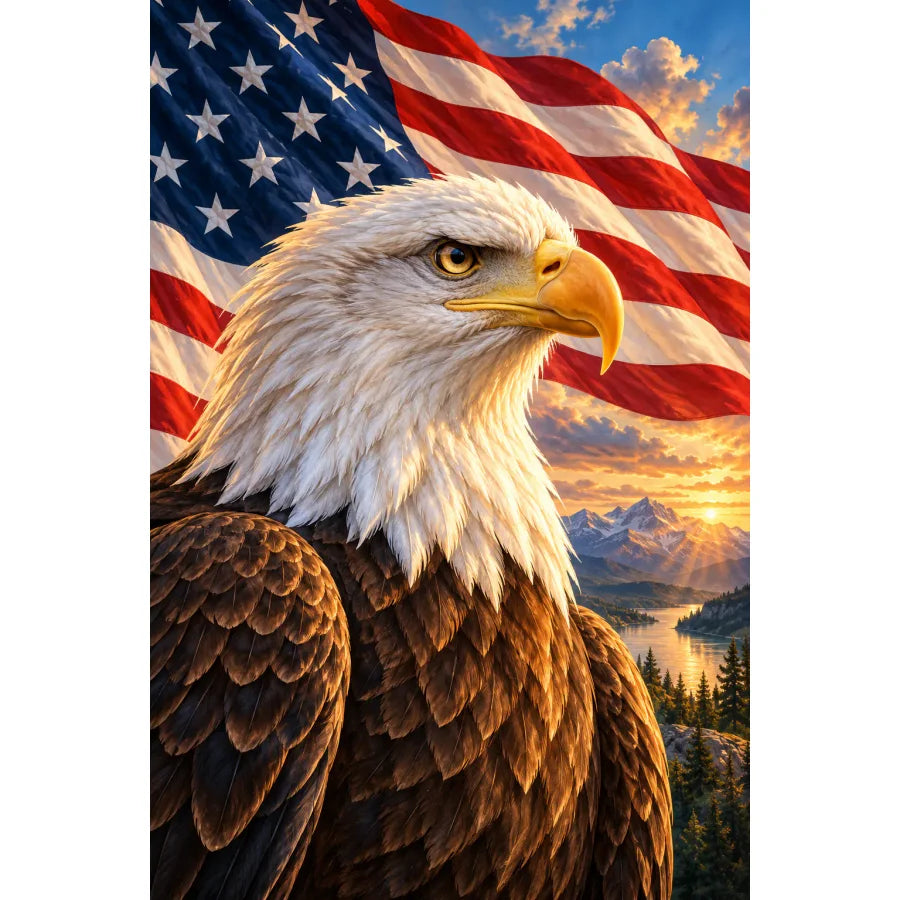 Original Bald Eagle Stars and Stripes artwork on a white background.