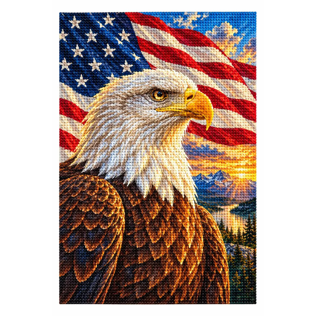 White-background finished diamond painting of Bald Eagle Stars and Stripes.