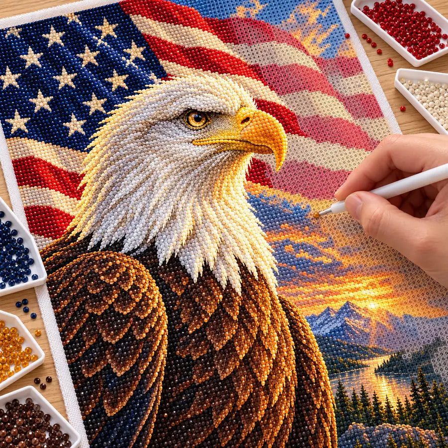 Hands placing diamond drills on the Bald Eagle Stars and Stripes design.
