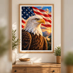 Framed Bald Eagle Stars and Stripes diamond painting displayed as home decor.