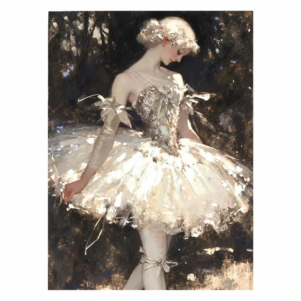 Original artwork showing a ballerina in a charcoal costume performing on a dark stage.
