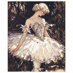 Finished diamond painting showing a ballerina in a charcoal costume performing on a dark stage.