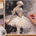 Hands applying drills to a canvas with a ballerina in a charcoal costume.