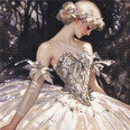 Close-up of diamond drills on artwork of a ballerina in a charcoal costume.