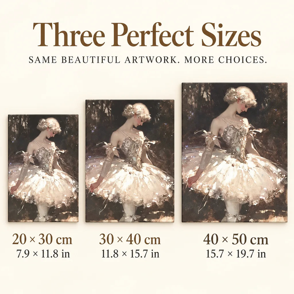 Size guide for Ballerina in Charcoal Diamond Painting Kit: 20 × 30 cm, 30 × 40 cm, and 40 × 50 cm.