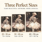 Size guide for Ballerina in Charcoal Diamond Painting Kit: 20 × 30 cm, 30 × 40 cm, and 40 × 50 cm.