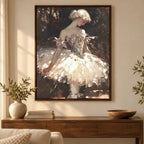 Framed home decor display of a diamond painting featuring a ballerina in a charcoal costume.
