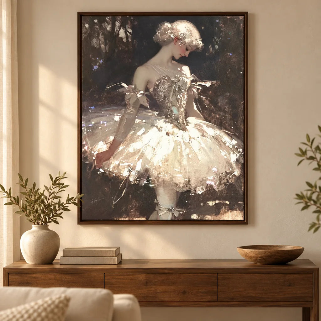 Framed home decor display of a diamond painting featuring a ballerina in a charcoal costume.