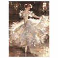 Original artwork showing a ballerina in a flowing dress dancing in a warmly lit studio.