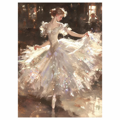 Original artwork showing a ballerina in a flowing dress dancing in a warmly lit studio.