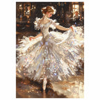 Finished diamond painting showing a ballerina in a flowing dress dancing in a warmly lit studio.