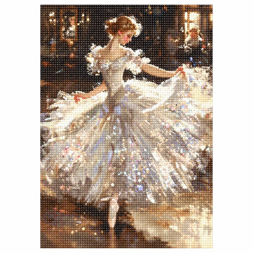 Finished diamond painting showing a ballerina in a flowing dress dancing in a warmly lit studio.