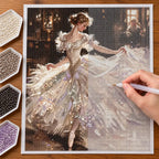 Hands applying drills to a canvas with a ballerina in a flowing dress dancing in a warmly lit studio.