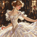 Close-up of diamond drills on artwork of a ballerina in a flowing dress dancing in a warmly lit studio.