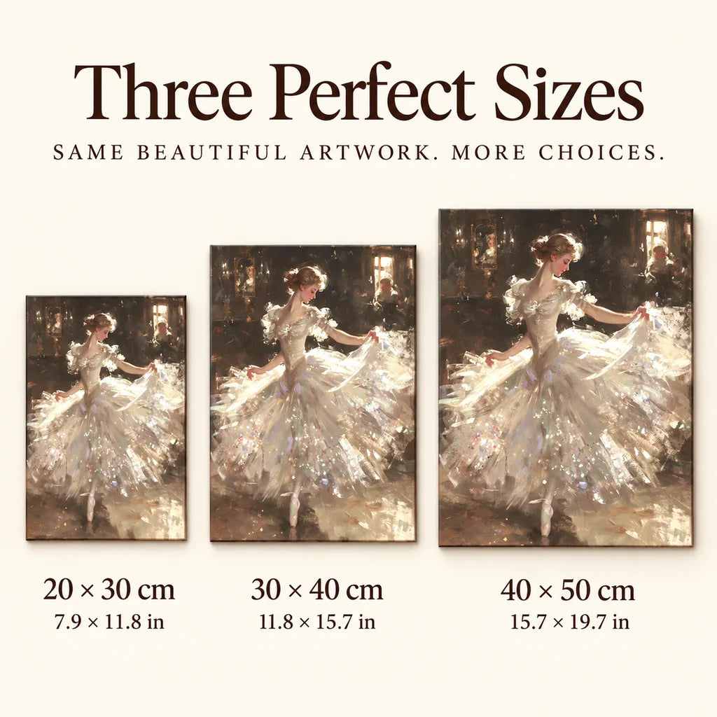 Size guide for Ballerina in Warm Studio Diamond Painting Kit: 20 × 30 cm, 30 × 40 cm, and 40 × 50 cm.