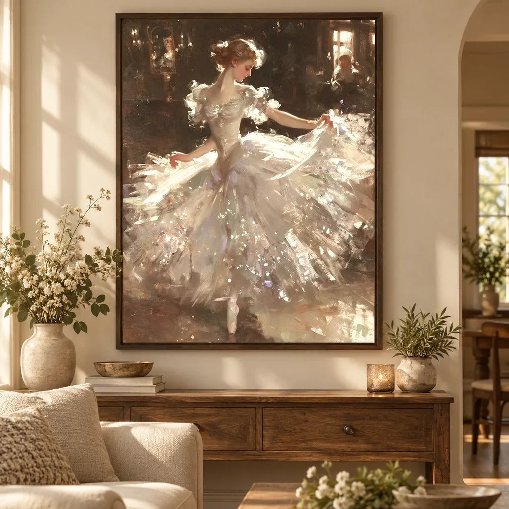 Framed home decor scene featuring a diamond painting of a ballerina in a flowing dress dancing in a warmly lit studio displayed on a wall.