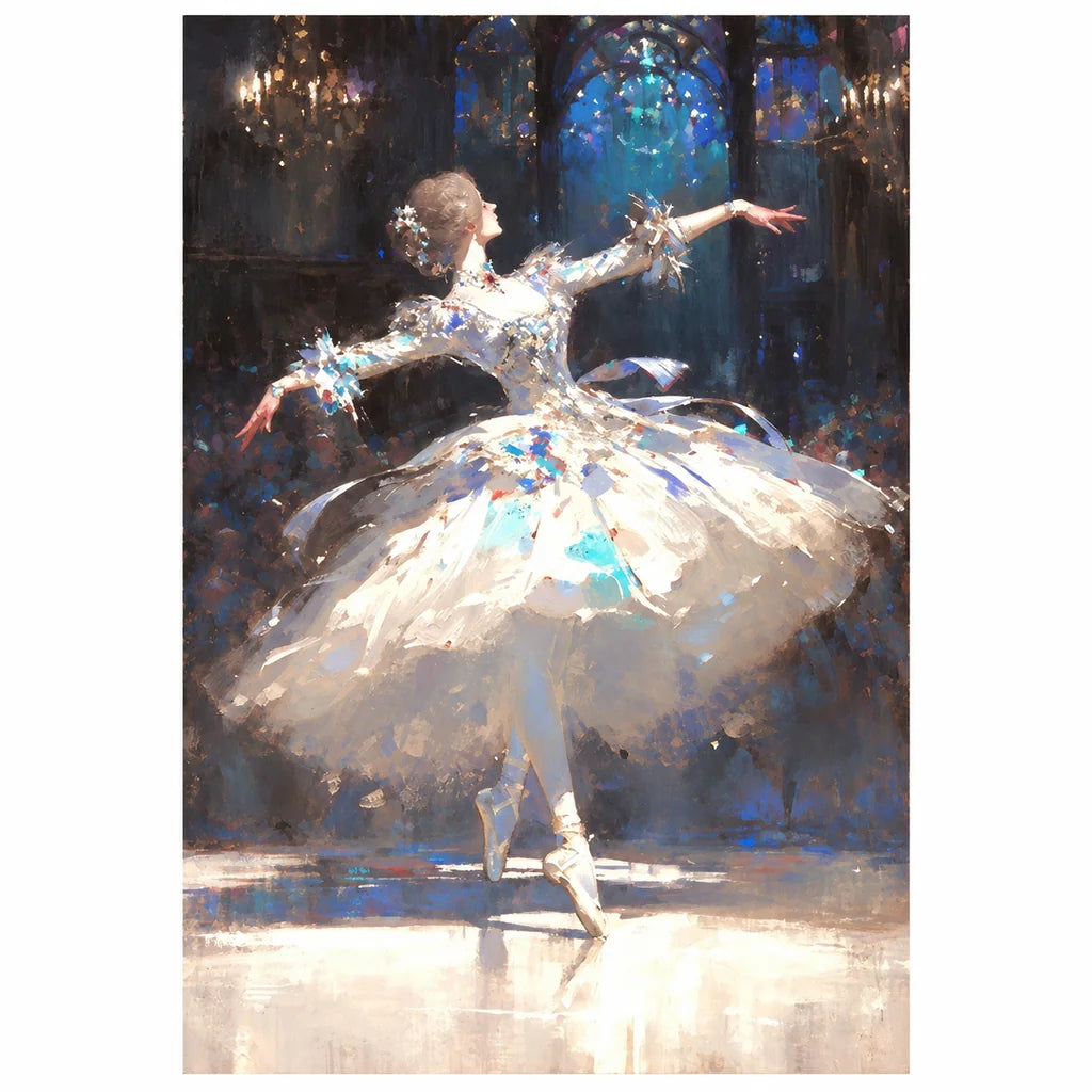 Original artwork showing a ballerina dancing beneath a glowing blue arch.