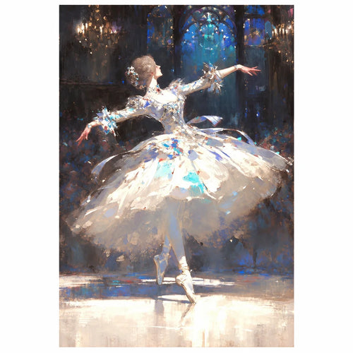 Original artwork showing a ballerina dancing beneath a glowing blue arch.
