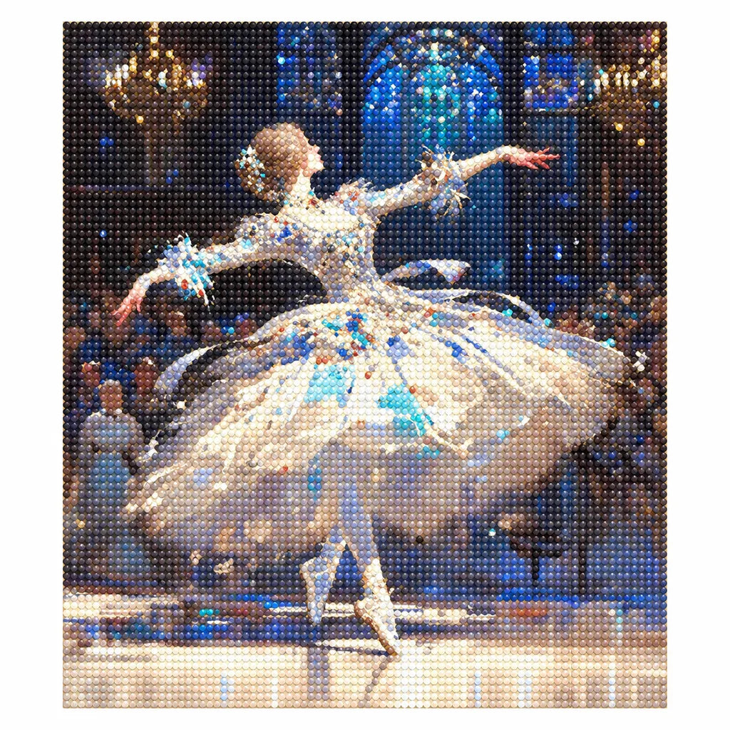 Finished diamond painting showing a ballerina dancing beneath a glowing blue arch.