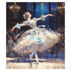 Finished diamond painting showing a ballerina dancing beneath a glowing blue arch.