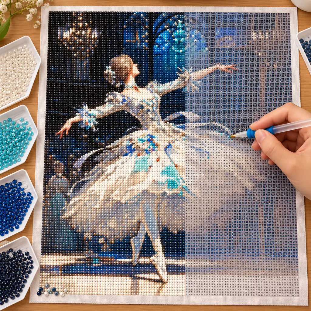 Hands applying drills to a canvas with a ballerina dancing beneath a glowing blue arch.