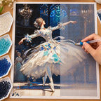 Hands applying drills to a canvas with a ballerina dancing beneath a glowing blue arch.
