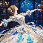 Close-up of diamond drills on artwork of a ballerina dancing beneath a glowing blue arch.