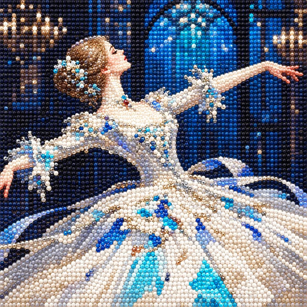 Close-up of diamond drills on artwork of a ballerina dancing beneath a glowing blue arch.