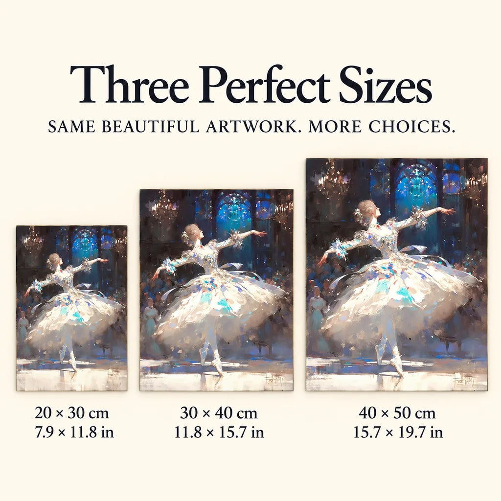 Size guide for Ballerina Under Blue Arch Diamond Painting Kit: 20 × 30 cm, 30 × 40 cm, and 40 × 50 cm.