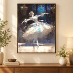 Framed home decor scene featuring a diamond painting of a ballerina dancing beneath a glowing blue arch displayed on a wall.