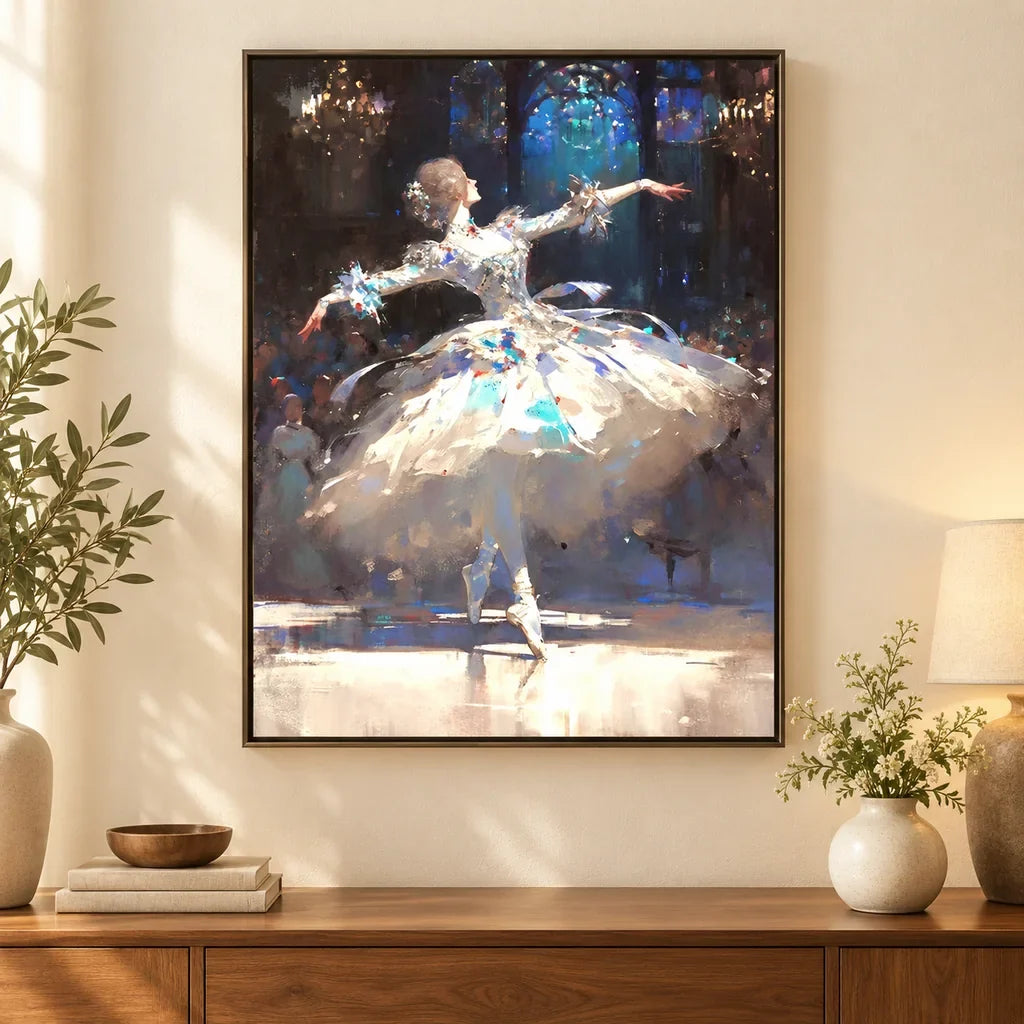 Framed home decor scene featuring a diamond painting of a ballerina dancing beneath a glowing blue arch displayed on a wall.
