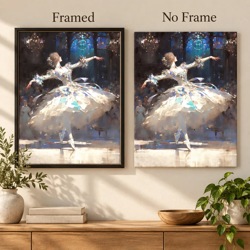 Framed and no-frame comparison for Ballerina Under Blue Arch Diamond Painting Kit.