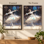 Framed and no-frame comparison for Ballerina Under Blue Arch Diamond Painting Kit.