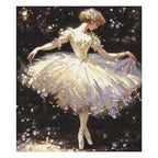 Finished diamond painting showing a solo ballerina performing against a dark, sparkling backdrop.