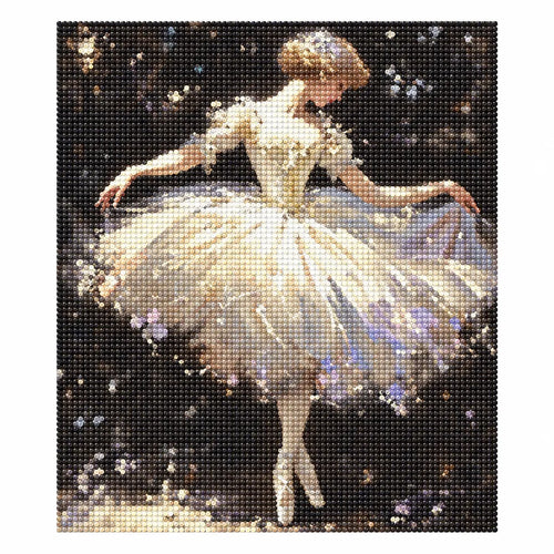 Finished diamond painting showing a solo ballerina performing against a dark, sparkling backdrop.