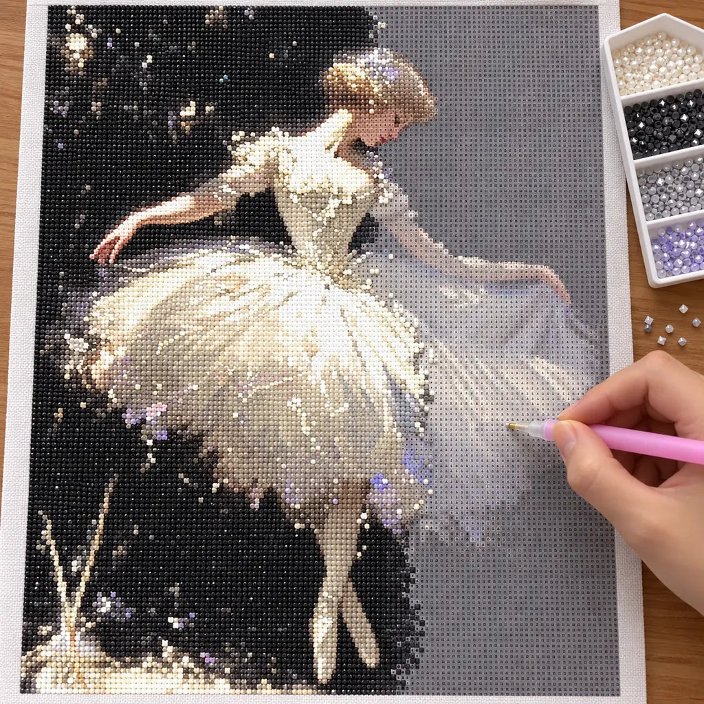 Hands applying drills to a canvas with a solo ballerina performing against a dark, sparkling backdrop.