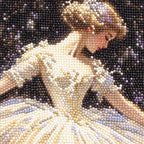 Close-up of diamond drills on artwork of a solo ballerina performing against a dark, sparkling backdrop.