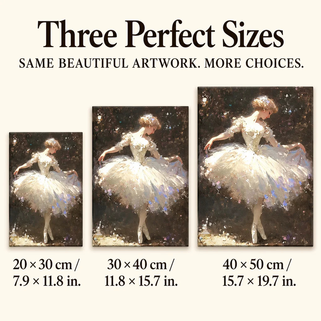 Size guide for Ballet in the Dark Diamond Painting Kit: 20 × 30 cm, 30 × 40 cm, and 40 × 50 cm.