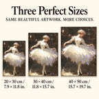 Size guide for Ballet in the Dark Diamond Painting Kit: 20 × 30 cm, 30 × 40 cm, and 40 × 50 cm.