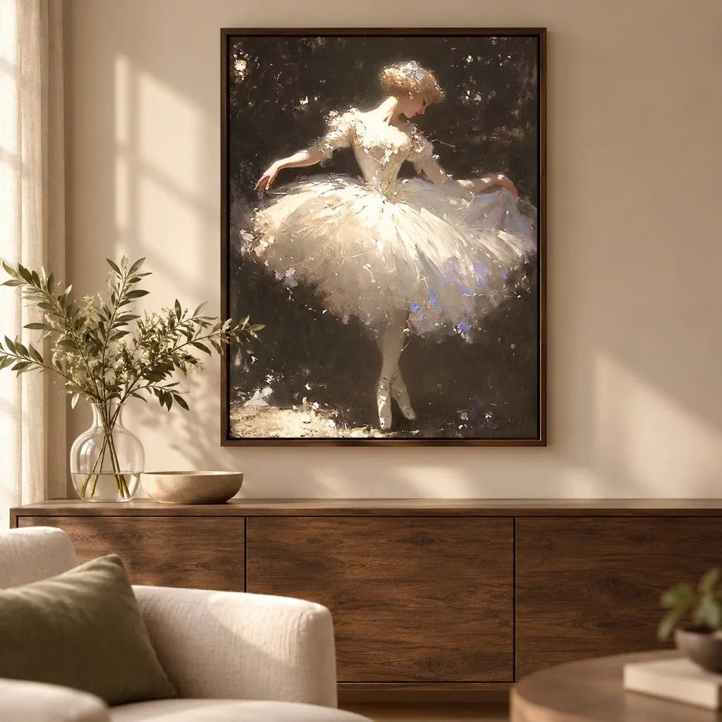 Framed home decor scene featuring a diamond painting of a solo ballerina performing against a dark, sparkling backdrop displayed on a wall.